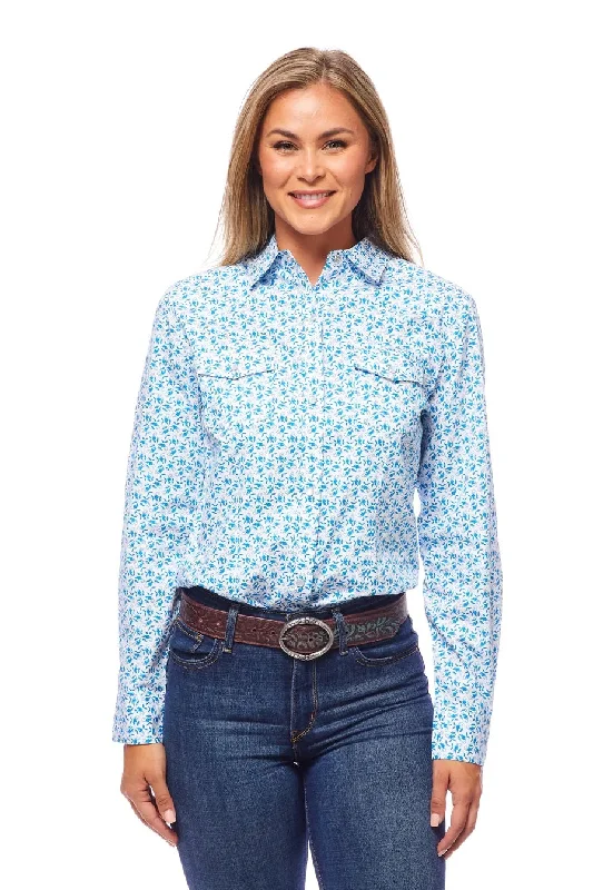 Rodeo Women Long SLeeve Blue & White Snap Western Shirt Relaxed Fit Short Tunic