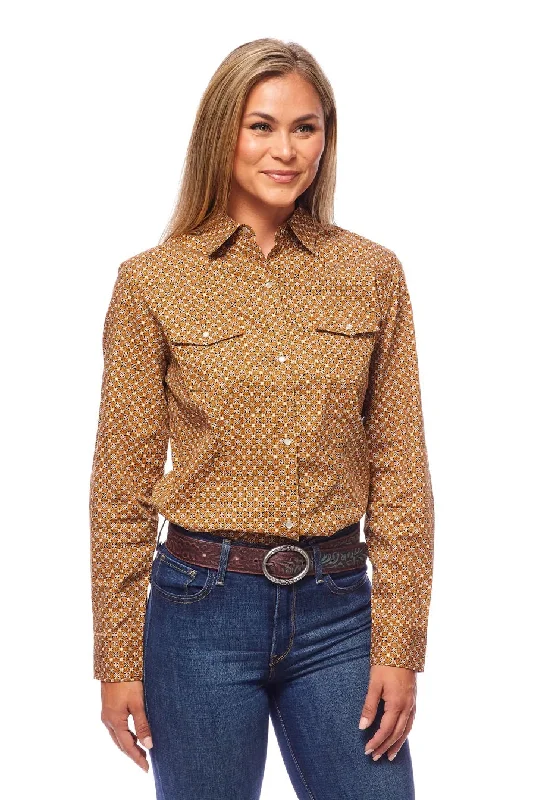 Rodeo Women Long Sleeve Brwon Snap Western Shirt Comfortable Ribbed Short Sleeve