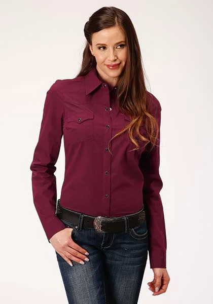 Roper Long Sleeve Shirt Snap Shirt Solid Wine Color Trendy Ruffled Short Sleeve