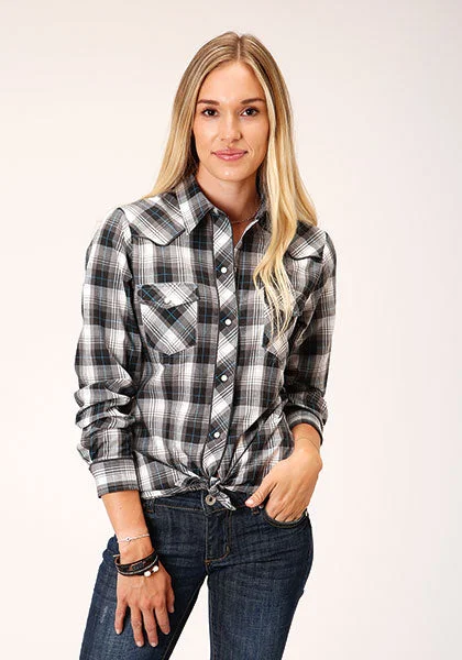 Roper Women Plaid Snap Shirt - White/Grey/Black Classic Basic Short Shirt