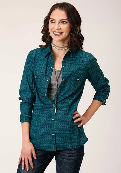 Roper Womens Shirt All Over Diamond Print Green Cozy Loose Fit Short Sleeve