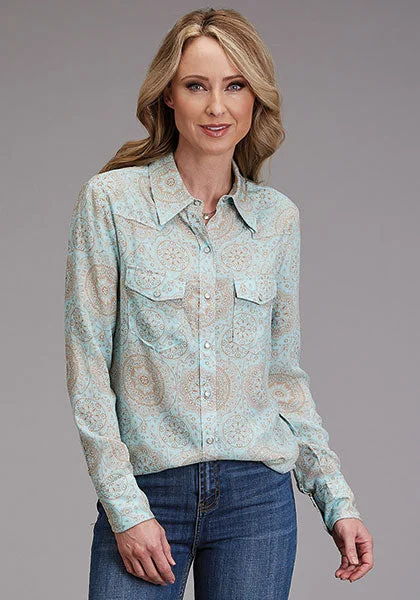 Stetson Women Shirt Mandala Print Rayon Trendy Tie-Front Short Shirt