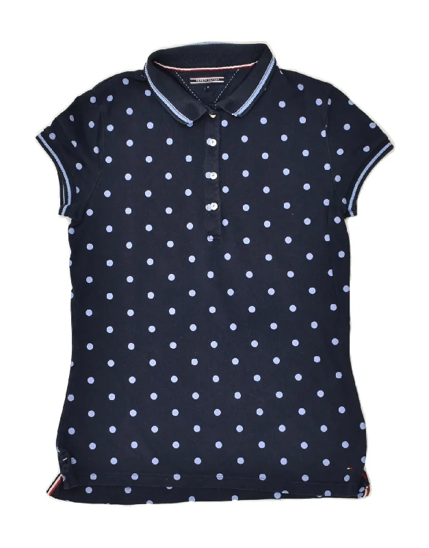 TOMMY HILFIGER Womens Polo Shirt UK 12 Medium Navy Blue Polka Dot Classic Denim Short Sleeve