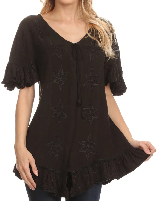 Sakkas Sayle Long Star Embroidered Blouse Shirt Top With Button Front And Ruffles Fashionable Sheer Short Shirt