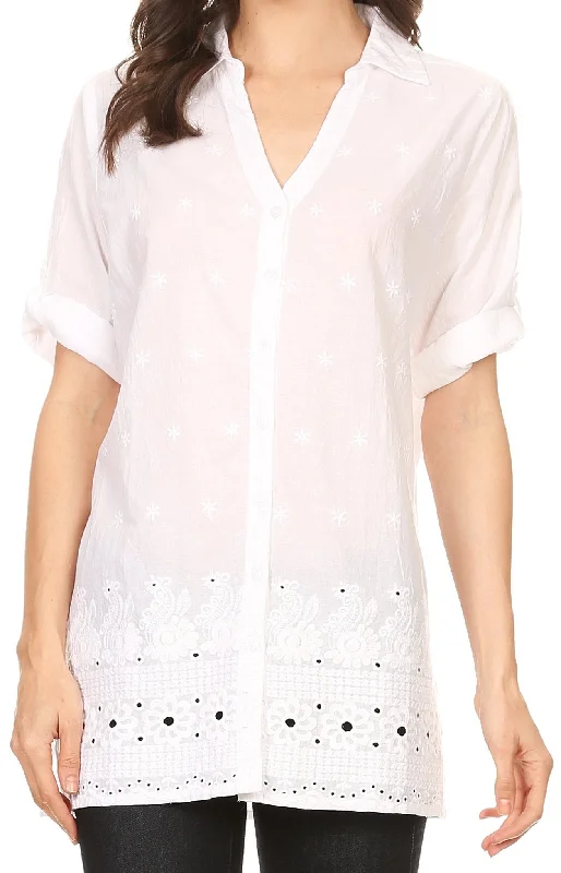 Sakkas Cecilia V-Neck Button Down 3/4 Sleeve Eyelet Shirt Stylish Printed Short Shirt