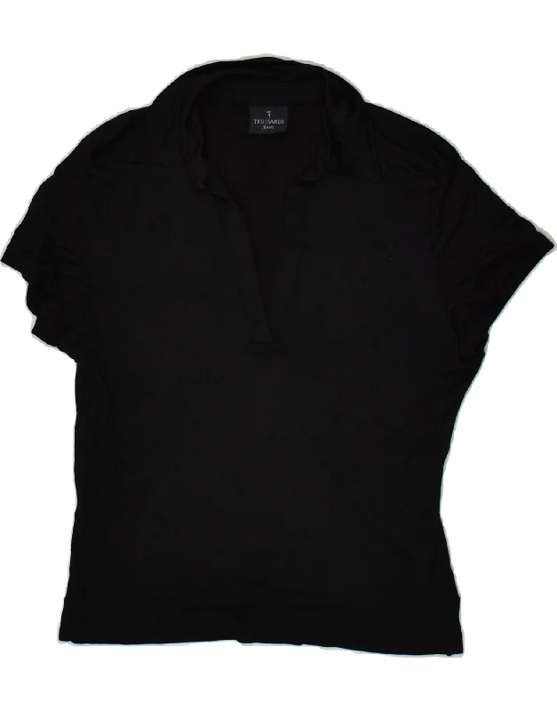 TRUSSARDI JEANS Womens Polo Shirt UK 14 Large Black Cozy Plain Short Sleeve