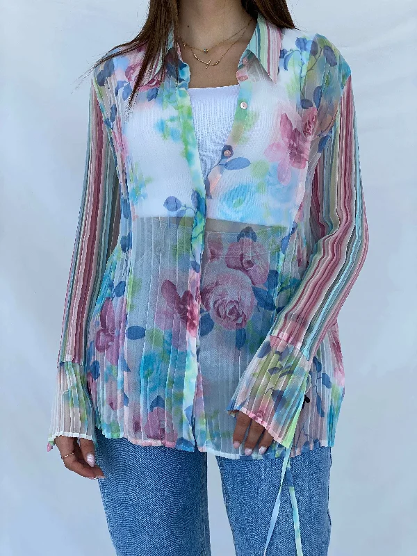 Vintage 90s SE STENAU Sheer Floral Shirt - Size XL Soft Flowing Short Shirt