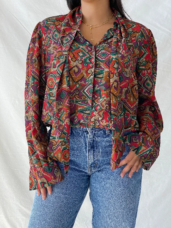 Vintage Devernois Paris Printed Button Up Full Sleeve Shirt - M Relaxed Fit Short Blouse