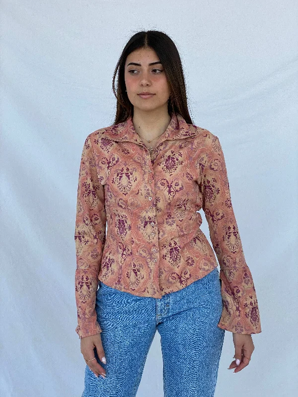 Vintage Y2K DCC Pink Floral Shirt Stylish Short Sleeve Polo