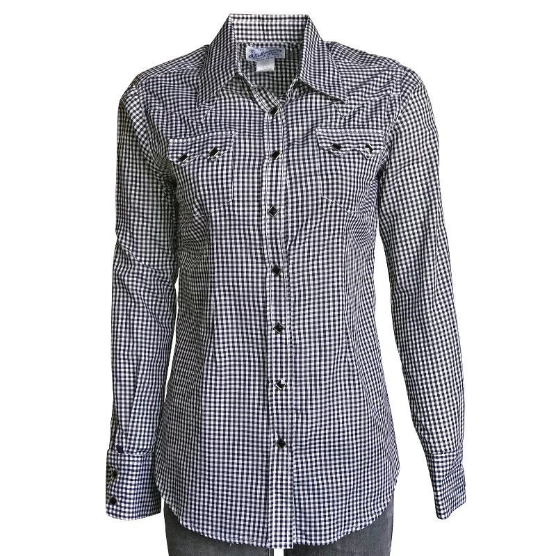 Women's Charcoal Black Gingham Check Western Shirt Elegant High-Low Short Shirt