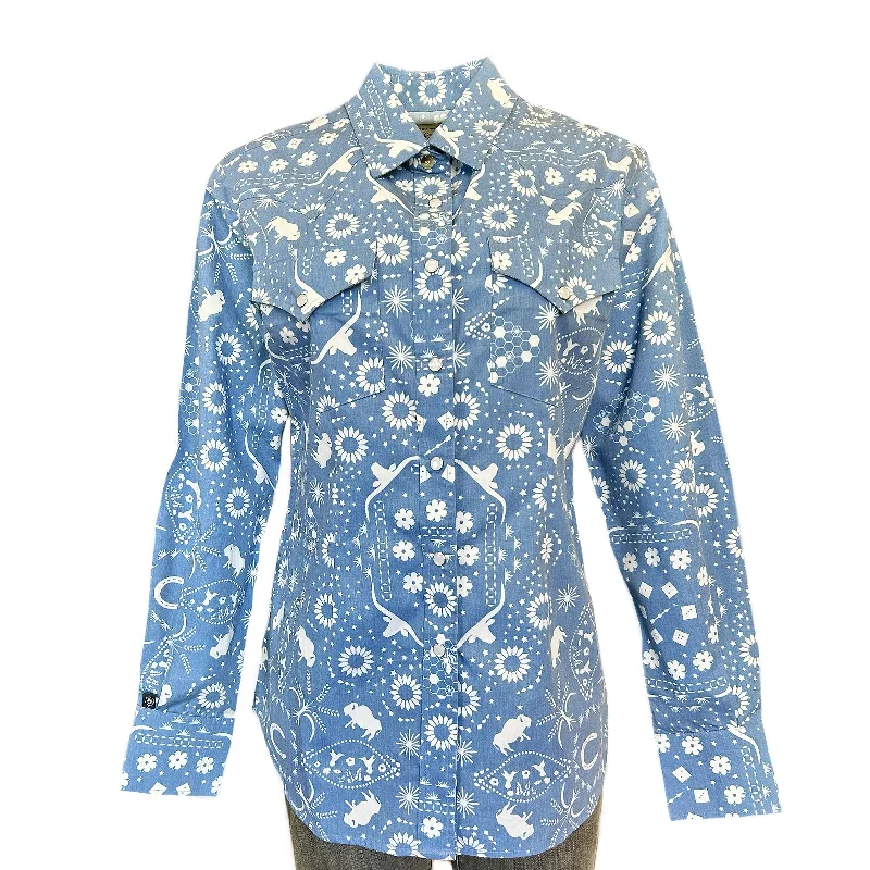 Women's Blue Bison Bandana Print Western Shirt Fashionable Pleated Short Shirt