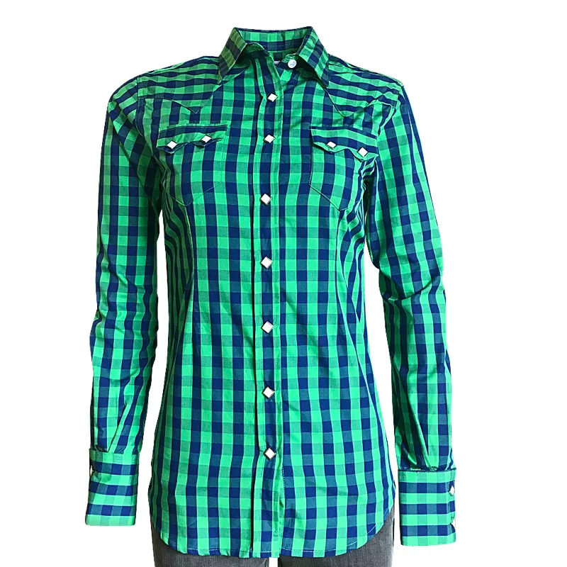 Women's Green & Blue Buffalo Check Western Shirt Comfortable Loose Short Sleeve
