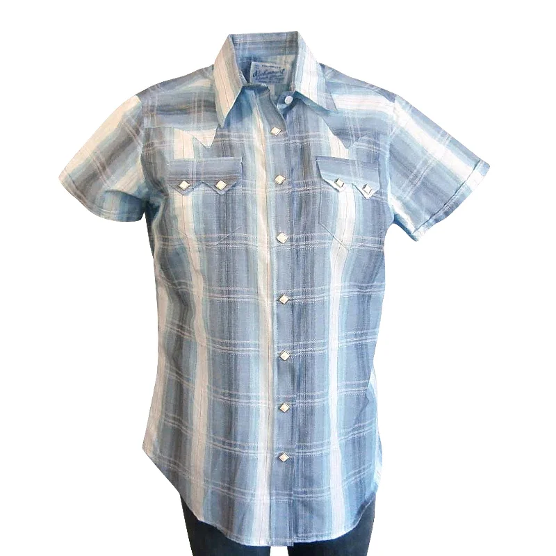 Women's Blue Shadow Plaid Short Sleeve Western Shirt Fashionable Plaid Short Sleeve