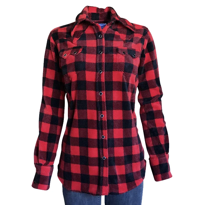 Women's Red & Black Buffalo Check Fleece Western Shirt Classic Short Sleeve Blouse
