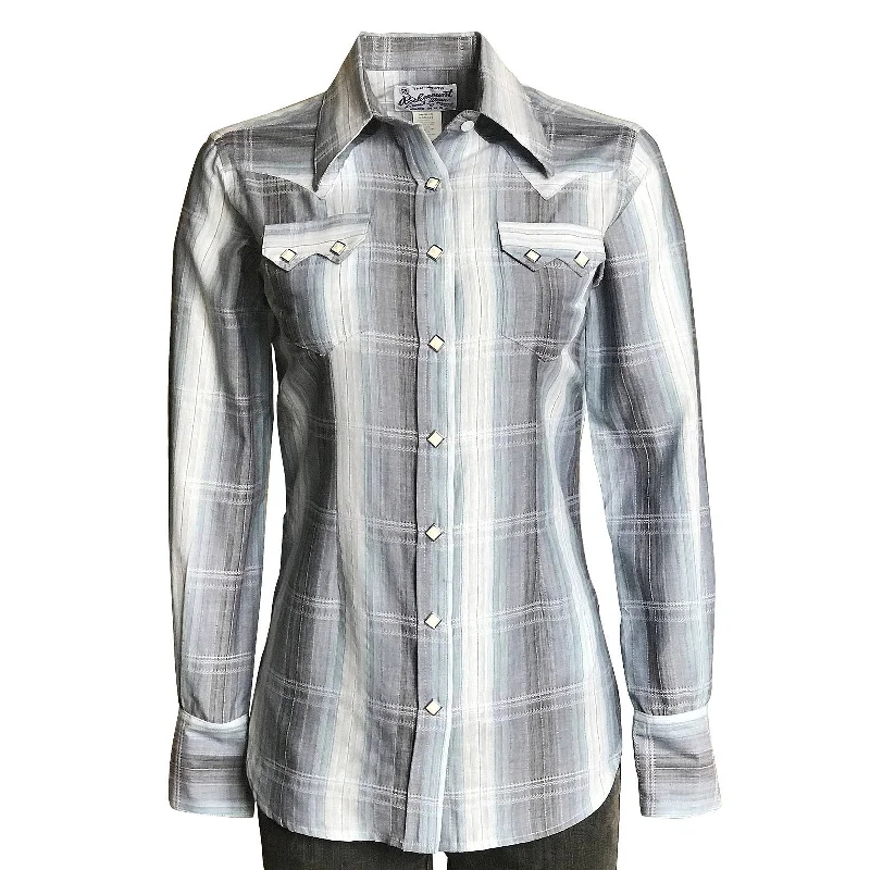 Women's Classic Slate Blue Ombre Stripe Sawtooth Western Shirt Comfortable Fitted Short Sleeve Women's Classic Slate Blue Ombre Stripe Sawtooth Western Shirt Comfortable Fitted Short Sleeve