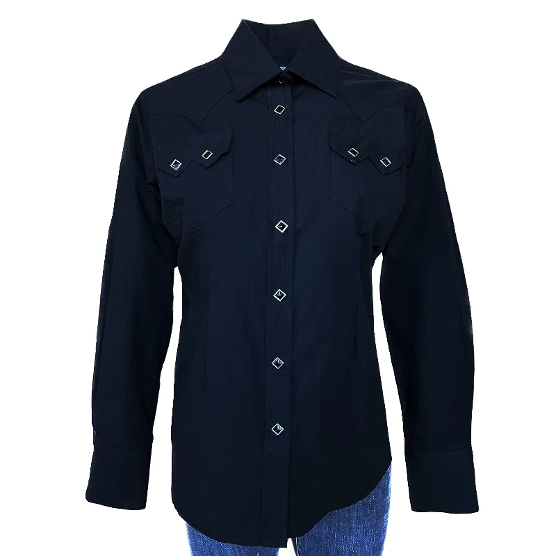 Women's Classic Pima Cotton Solid Black Western Shirt Chic V-Neck Short Blouse