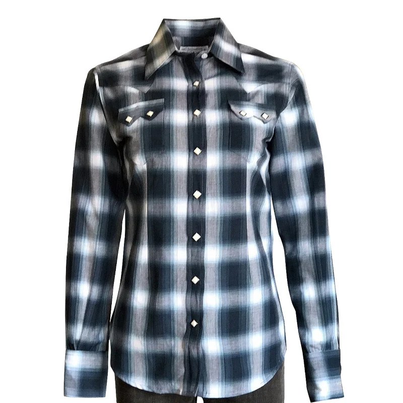 Women's Blue & White Shadow Plaid Sawtooth Western Shirt Trendy Print Short Sleeve