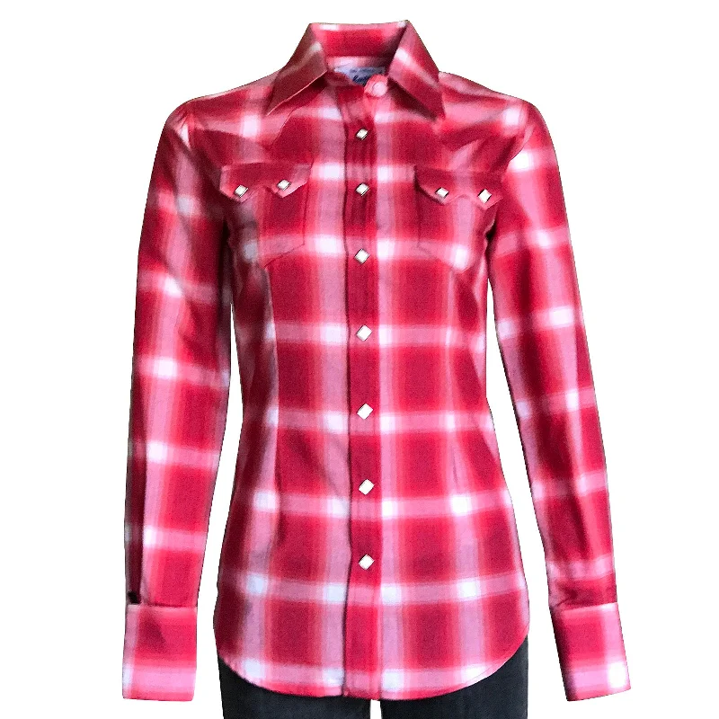Women's Red & White Shadow Plaid Sawtooth Western Shirt Chic V-Neck Short Blouse