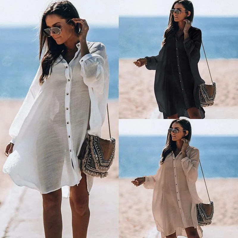 Women's Fashion Style Single-breasted Beach Sunscreen Shirt Fashionable Rounded Short Shirt
