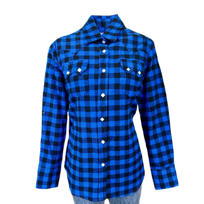 Women's Plush Blue & Black Buffalo Check Flannel Western Shirt Comfortable Fitted Short Sleeve Women's Plush Blue & Black Buffalo Check Flannel Western Shirt Comfortable Fitted Short Sleeve