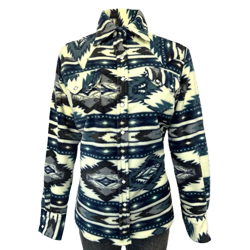 Women's Native Pattern Fleece Western Shirt in White & Blue Trendy Sleeveless Short Shirt Women's Native Pattern Fleece Western Shirt in White & Blue Trendy Sleeveless Short Shirt