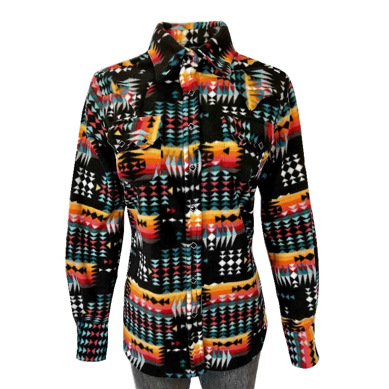 Women's Native Pattern Fleece Western Shirt in Black & Red Casual Short Sleeve Top