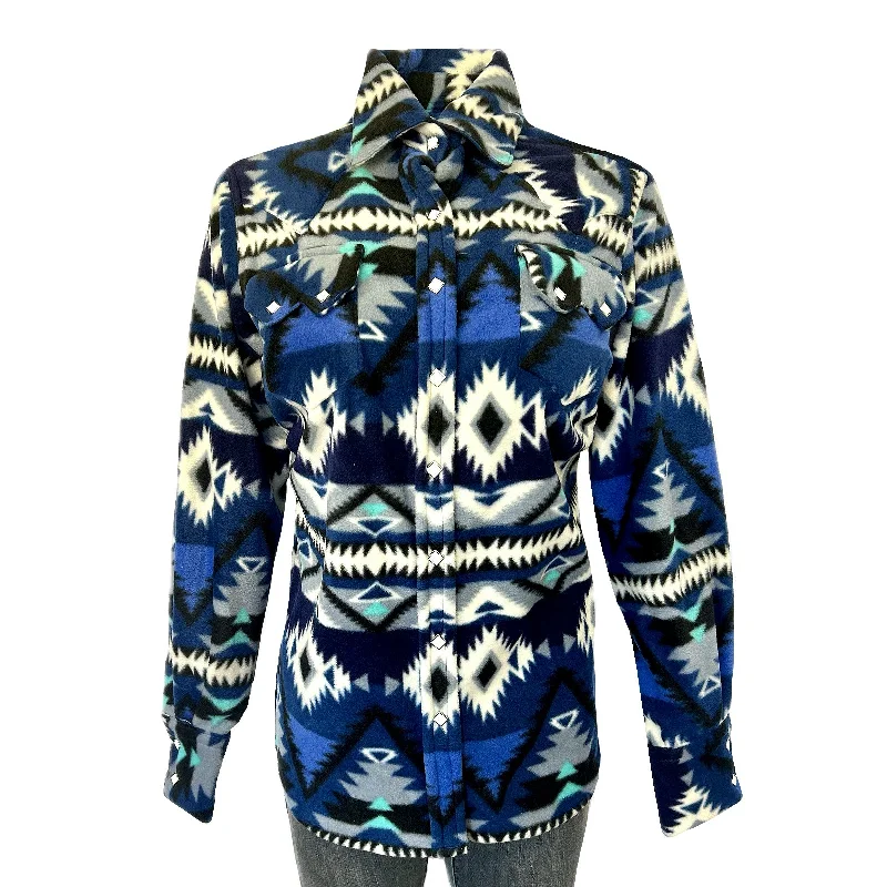 Women's Native Pattern Fleece Western Shirt in Blue & Black Casual Oversized Short Shirt Women's Native Pattern Fleece Western Shirt in Blue & Black Casual Oversized Short Shirt