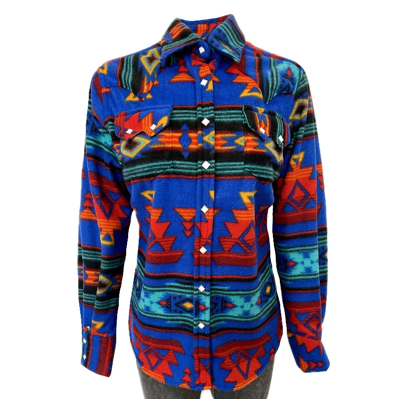 Women's Native Pattern Fleece Western Shirt in Blue & Red Elegant Longline Short Shirt Women's Native Pattern Fleece Western Shirt in Blue & Red Elegant Longline Short Shirt