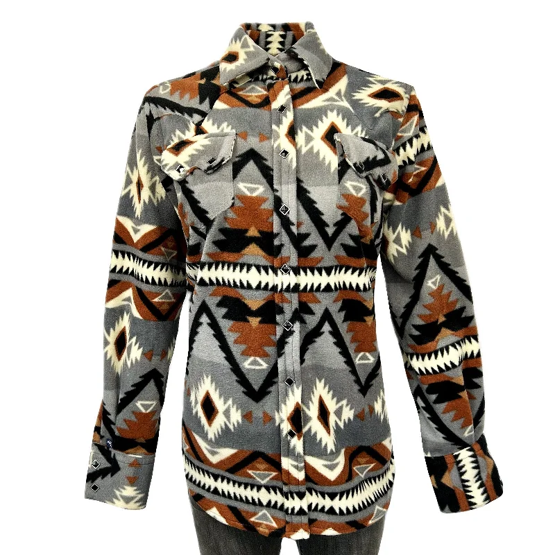 Women's Native Pattern Fleece Western Shirt in Grey & Brown Relaxed Fit Short Sleeve Top Women's Native Pattern Fleece Western Shirt in Grey & Brown Relaxed Fit Short Sleeve Top