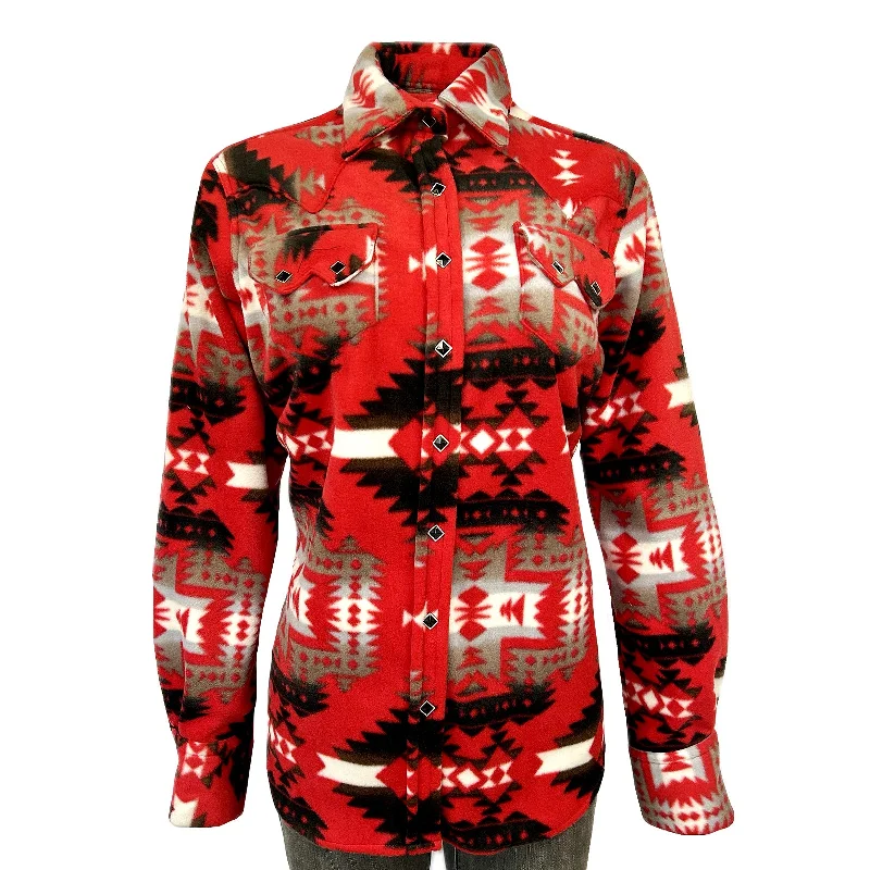 Women's Native Pattern Fleece Western Shirt in Red & Grey Trendy Button-Front Short Sleeve