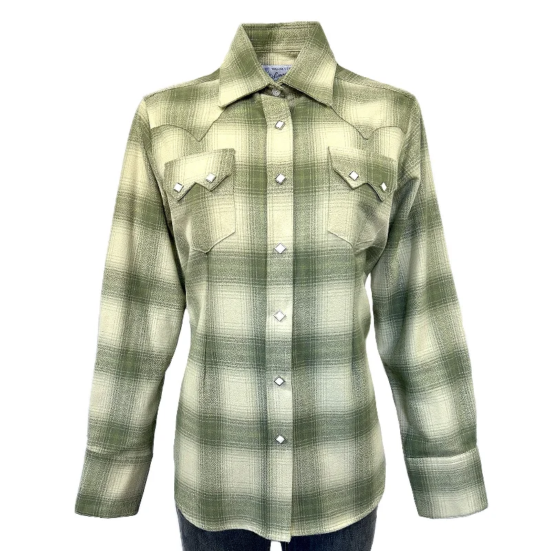 Women's Plush Green & White Shadow Plaid Flannel Western Shirt Stylish Short Sleeve Top Women's Plush Green & White Shadow Plaid Flannel Western Shirt Stylish Short Sleeve Top