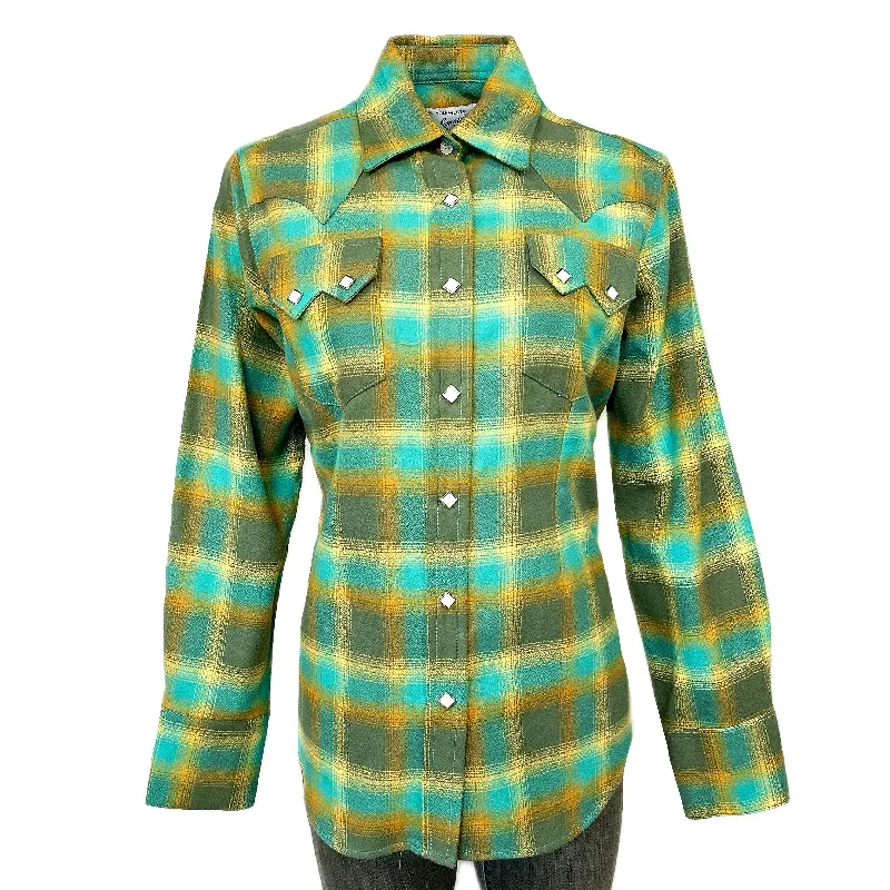 Women's Plush Green & Turquoise Plaid Flannel Western Shirt Chic Embellished Short Sleeve Women's Plush Green & Turquoise Plaid Flannel Western Shirt Chic Embellished Short Sleeve