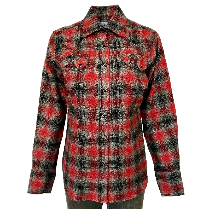 Women's Plush Red & Grey Plaid Flannel Western Shirt Cozy Striped Short Sleeve