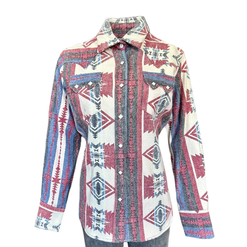 Women's Premium Flannel Jacquard Western Shirt in Red & White Relaxed Cotton Short Blouse Women's Premium Flannel Jacquard Western Shirt in Red & White Relaxed Cotton Short Blouse