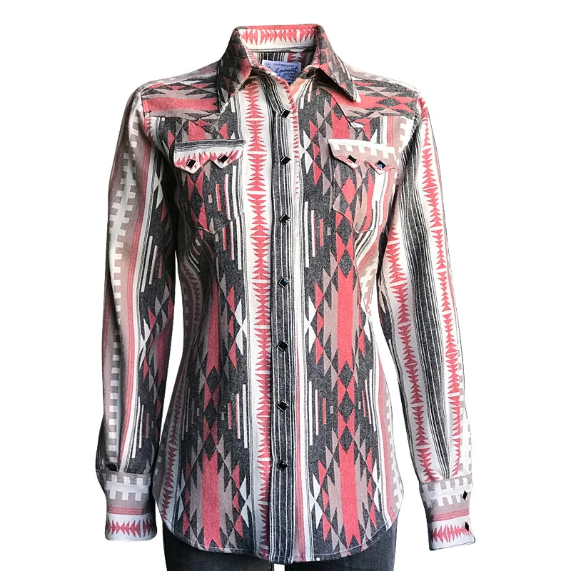 Women's Premium Flannel Jacquard Western Shirt in Pink & Grey Fashionable Short Sleeve Shirt Women's Premium Flannel Jacquard Western Shirt in Pink & Grey Fashionable Short Sleeve Shirt