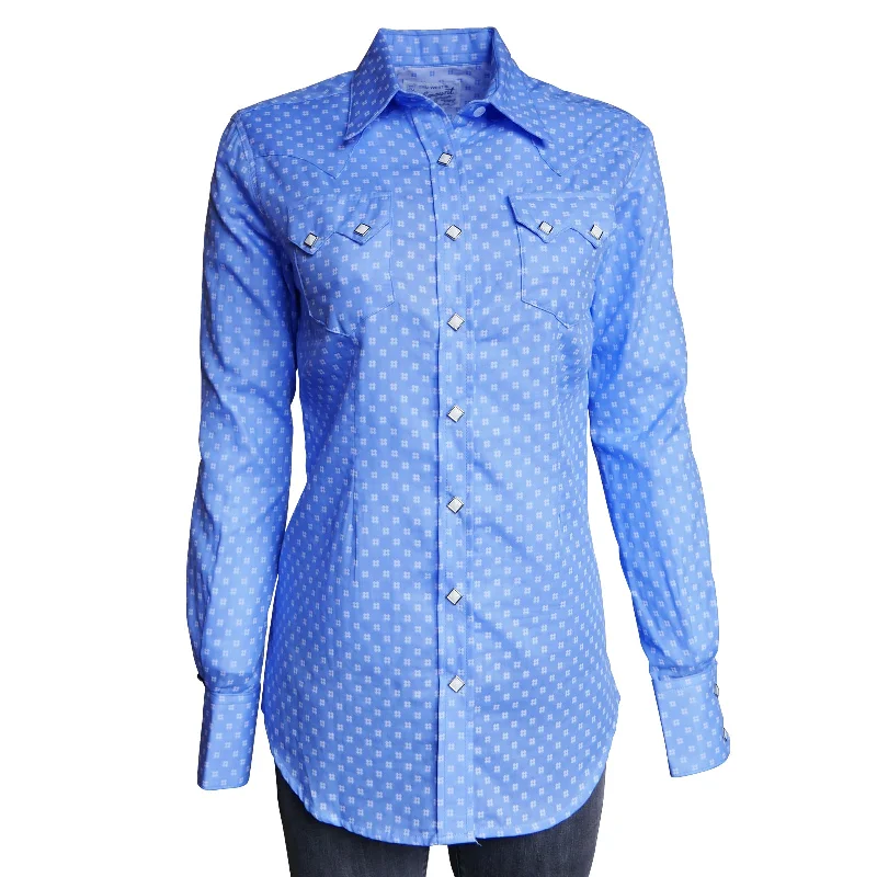 Women's Vintage Blue Dobby Western Shirt Stylish Short Sleeve Polo