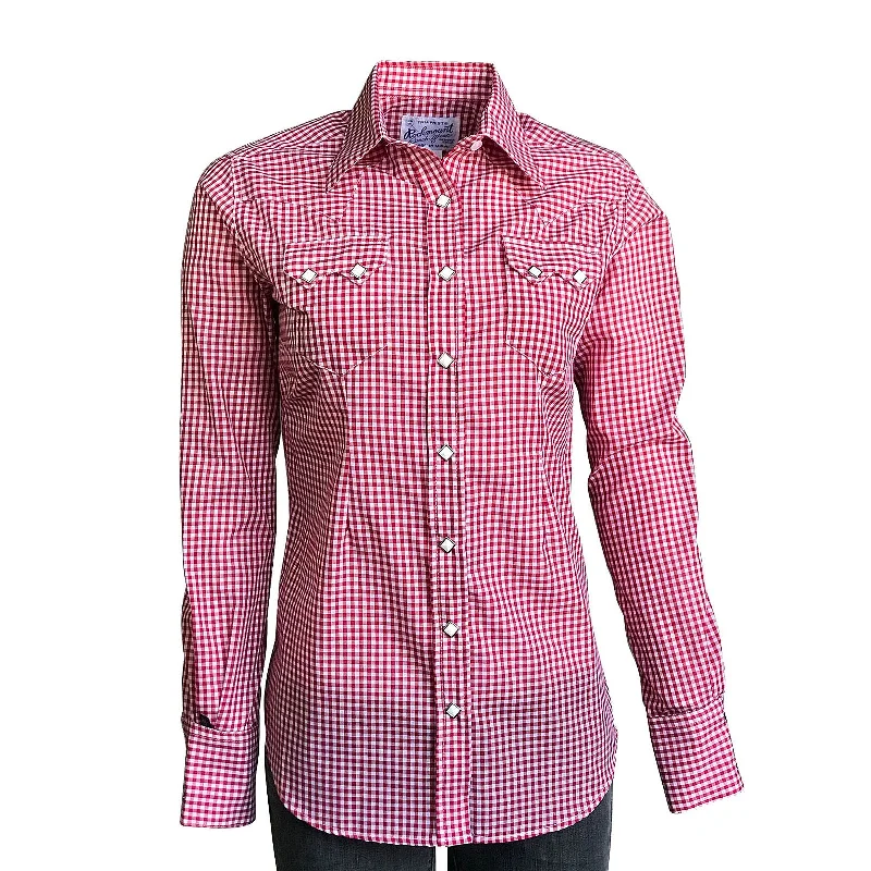 Women's Burgundy Red Gingham Check Western Shirt Elegant Button-Down Short Shirt