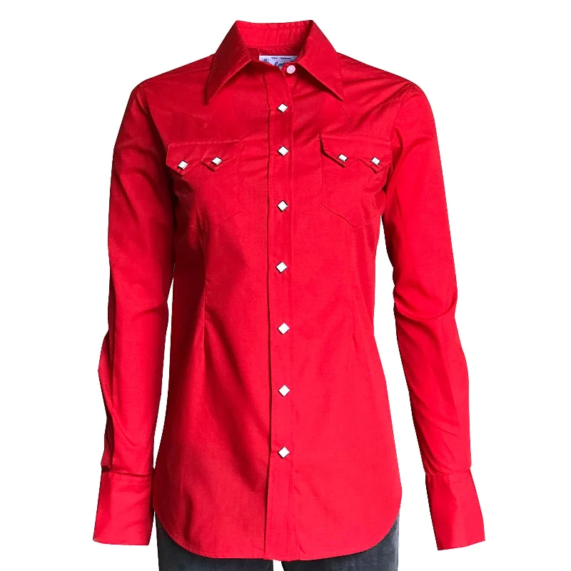 Women's Solid Red Cotton Blend Western Shirt Classic Casual Short Sleeve