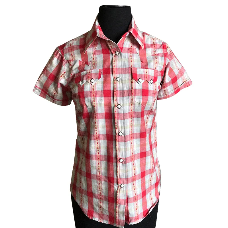 Women's Shadow Plaid Dobby Lurex Short Sleeve Western Shirt in Red Casual Ruffle Short Shirt Women's Shadow Plaid Dobby Lurex Short Sleeve Western Shirt in Red Casual Ruffle Short Shirt