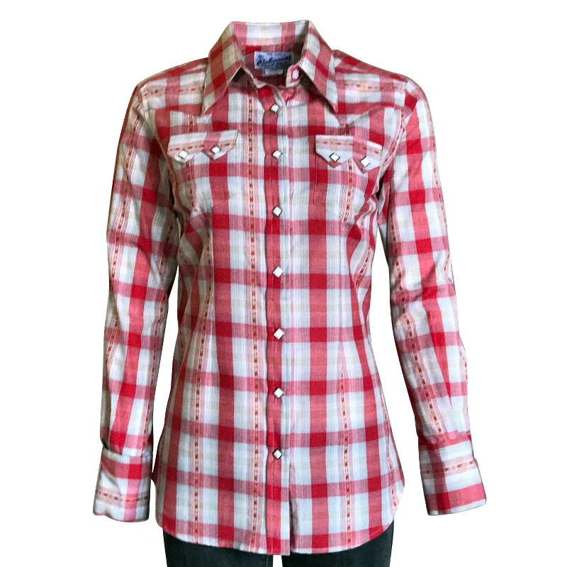 Women's Shadow Plaid Dobby Lurex Western Shirt in Red Chic Embellished Short Sleeve