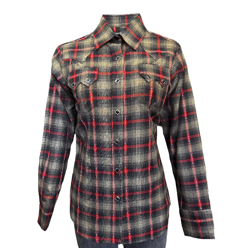 Women's Shadow Plaid Dobby Lurex Western Shirt in Black Stylish Split-Hem Short Shirt Women's Shadow Plaid Dobby Lurex Western Shirt in Black Stylish Split-Hem Short Shirt