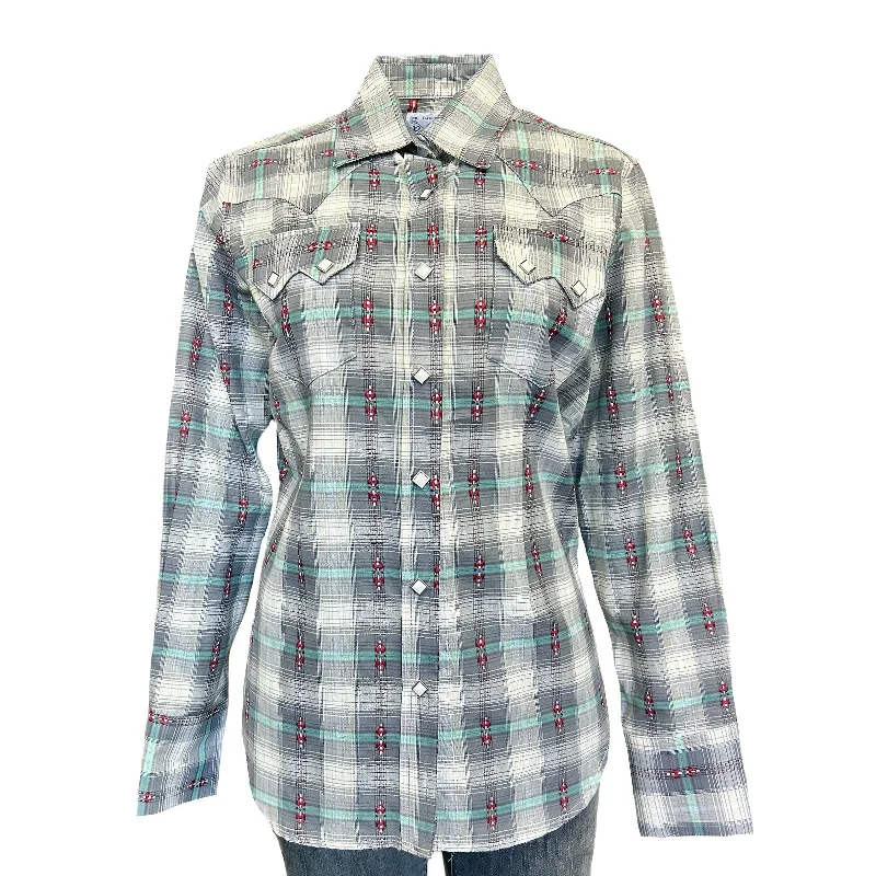 Women's Shadow Plaid Dobby Lurex Western Shirt in Grey Trendy Summer Short Sleeve