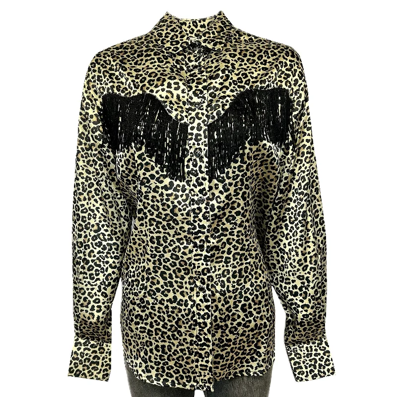 Women's Rock Star Leopard Fringe Western Shirt Classic V-Neck Short Shirt