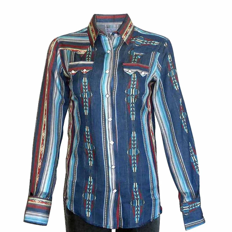 Women's Serape Pattern Western Shirt in Blue Casual Plain Short Shirt