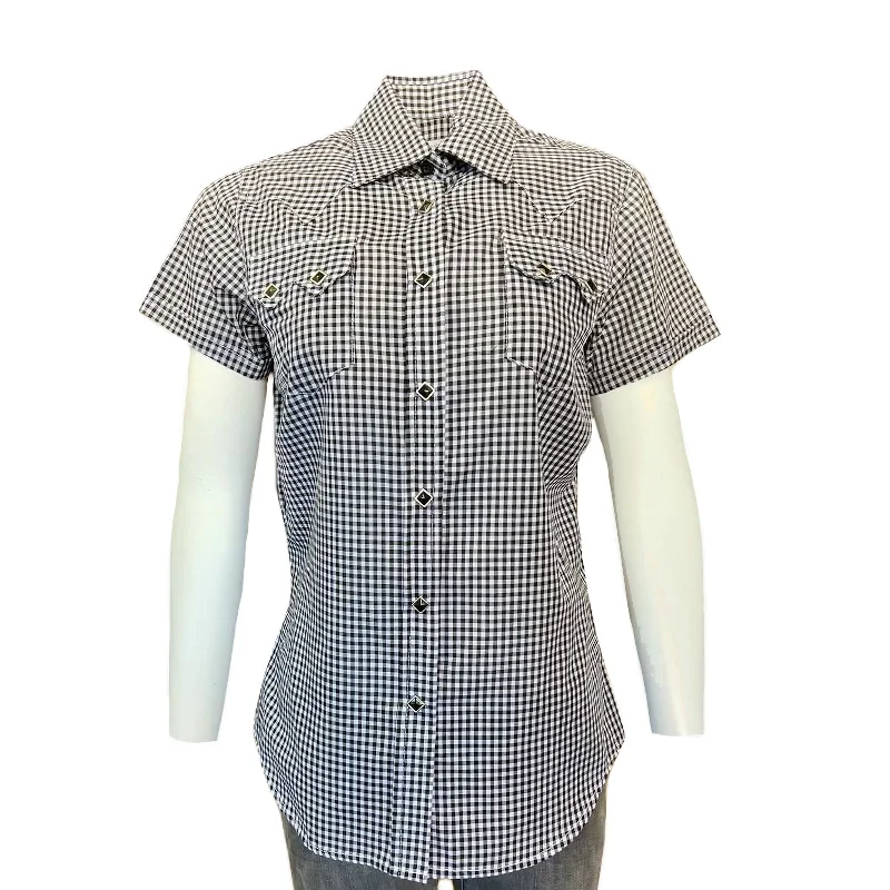 Women's Short Sleeve Black Gingham Check Western Shirt Fashionable Tied Short Sleeve Women's Short Sleeve Black Gingham Check Western Shirt Fashionable Tied Short Sleeve