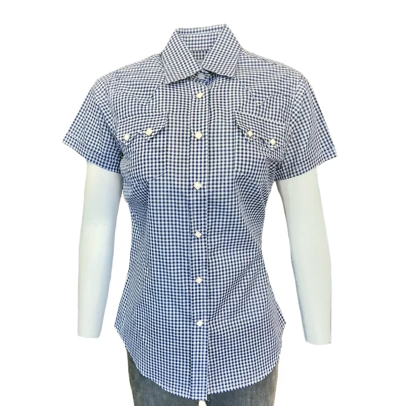 Women's Short Sleeve Navy Gingham Check Western Shirt Relaxed Button-Down Short Shirt Women's Short Sleeve Navy Gingham Check Western Shirt Relaxed Button-Down Short Shirt