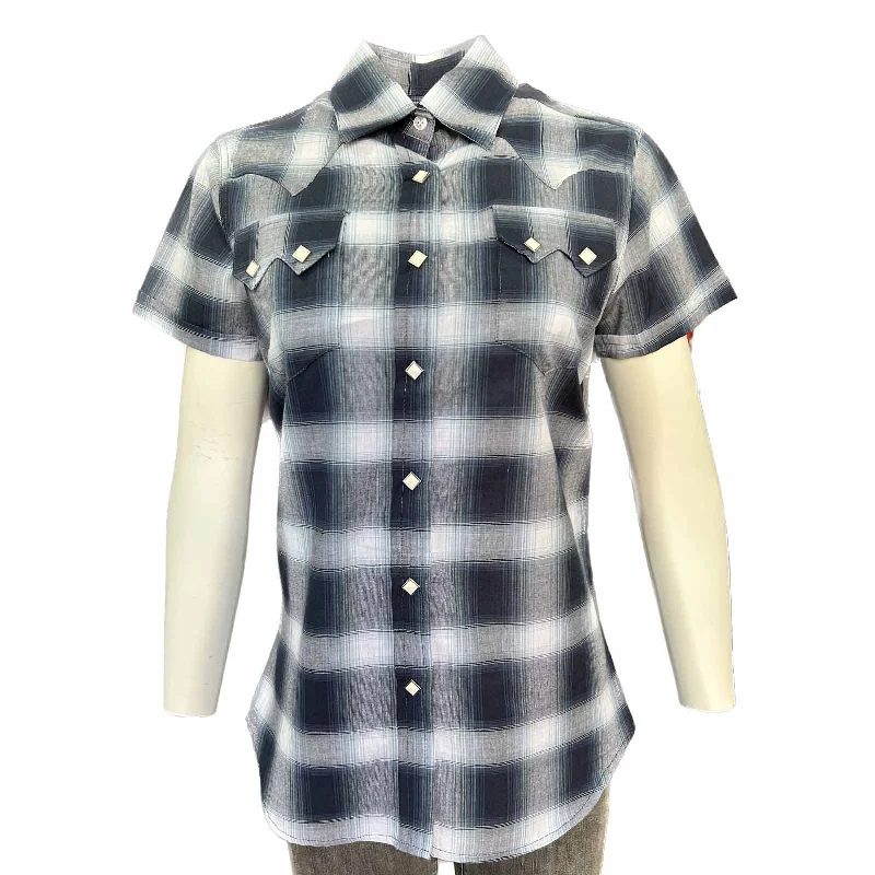 Women's Short Sleeve Shadow Plaid Western Shirt in Blue Casual Boxy Short Shirt