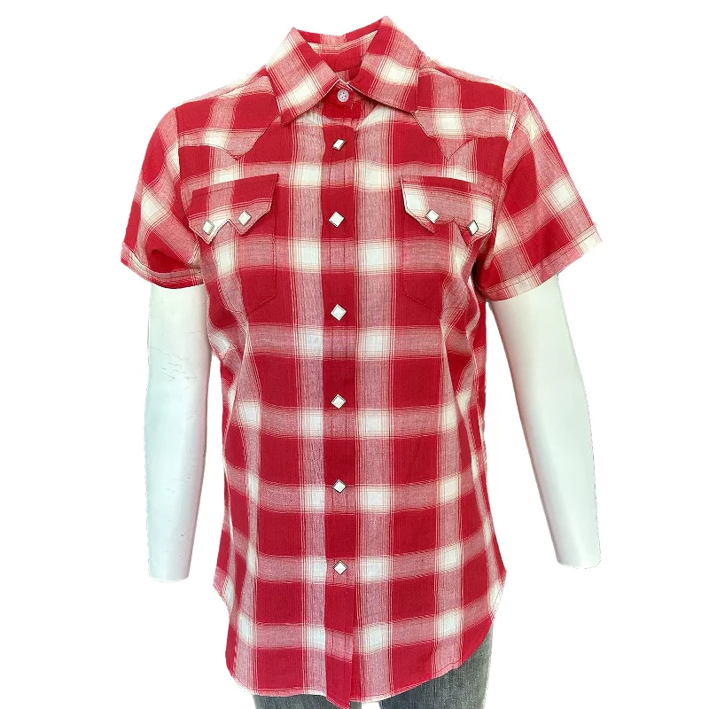 Women's Short Sleeve Shadow Plaid Western Shirt in Red Casual Cotton Short Shirt