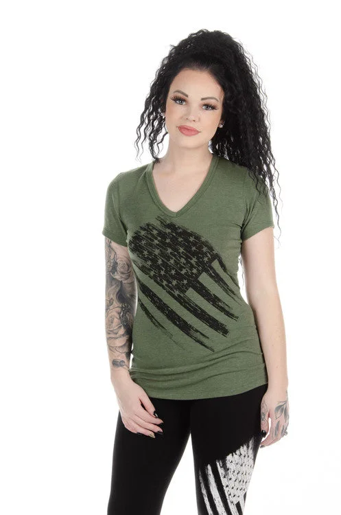 Ladies Green American Flag Shirt 7131 BS USA Casual Loose Short Sleeve