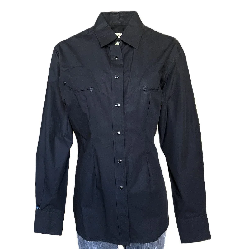 Women's Solid Black 100% Cotton Western Shirt Classic Short Sleeve Blouse